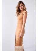 Rochie midi de baza cu decupaj in lateral, caramel 110571 - Magazin online - Boutique